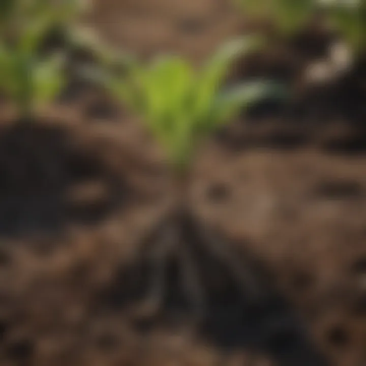 Roots emerging from germinating seeds in soil