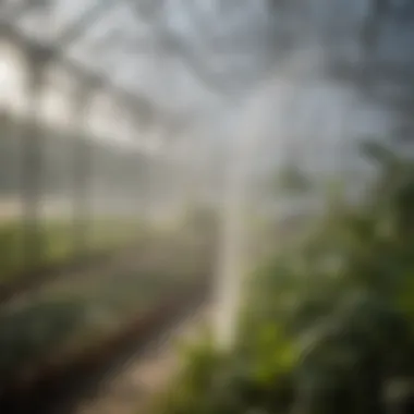 Misting Nozzles Active in a Greenhouse A close-up of misting nozzles in action within a greenhouse environment