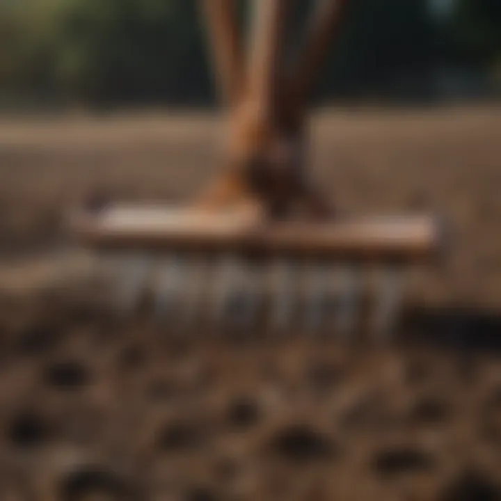 Close-up of ground rake tines engaging soil