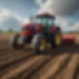 A tractor equipped with a ground rake in a field