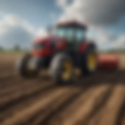 A tractor equipped with a ground rake in a field