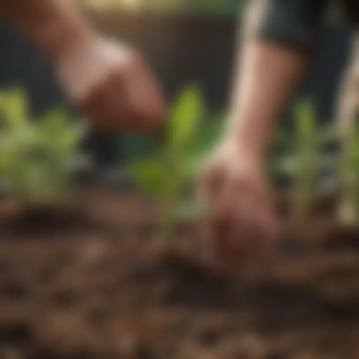 Planting young okra seedlings in a garden bed