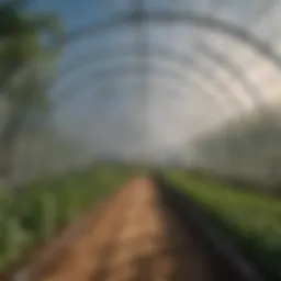 Architectural design of a high tunnel hoop house showing structural features and layout