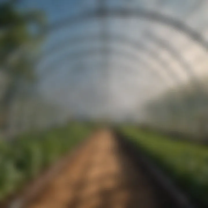 Architectural design of a high tunnel hoop house showing structural features and layout