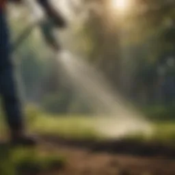 A close-up of a hose-connected weed killer sprayer in action