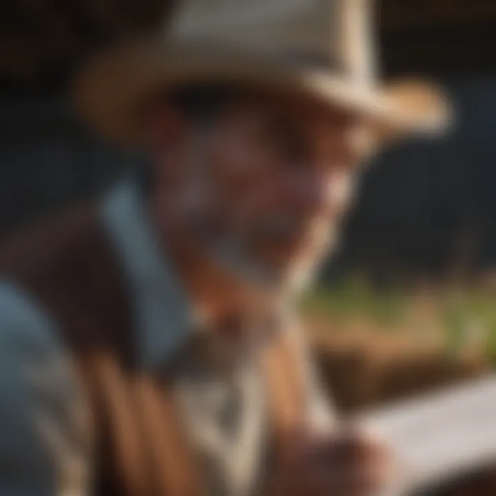 A farmer studying agricultural plans and data