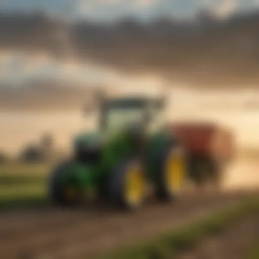 A John Deere E Series tractor in action on a farm, showcasing its robust design and capabilities.