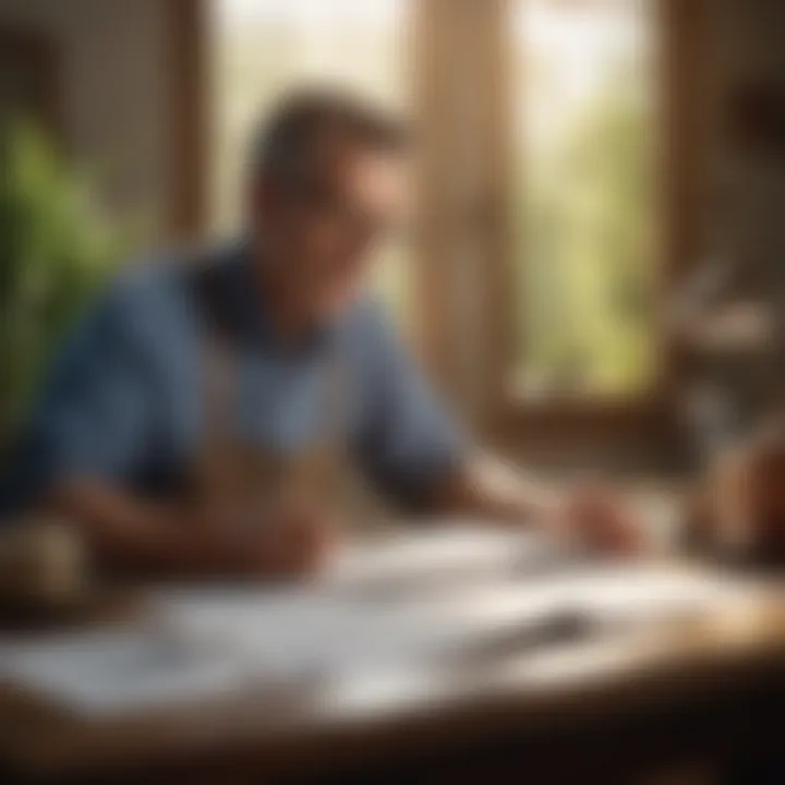 A farmer analyzing financial reports and insurance documents at a desk