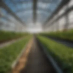 A vast hydroponic greenhouse filled with diverse plants