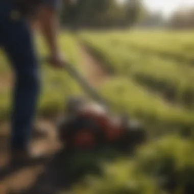 Manual brush cutter in action within a field