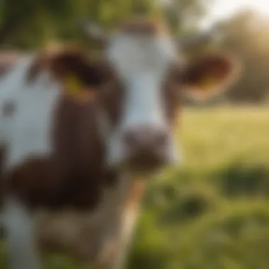 Close-up of a dairy cow grazing in a lush pasture