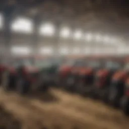 A wide view of a bustling agricultural equipment auction with bidders actively participating.