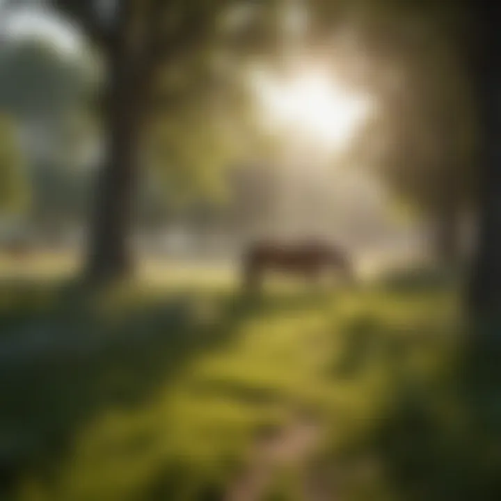 Healthy pasture with lush grass and horses grazing