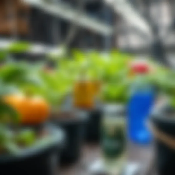 Hydroponic setup showcasing different nutrient solutions