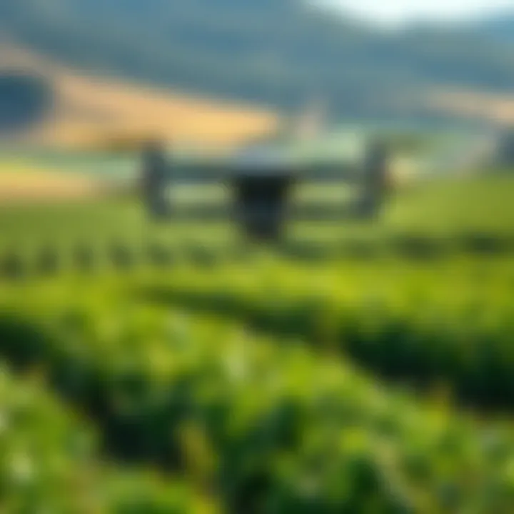 Innovative Technologies in Agriculture A drone surveying a lush agricultural landscape.