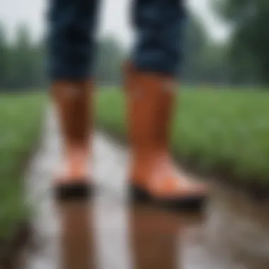 Agricultural professional wearing over the shoe rain boots in the field