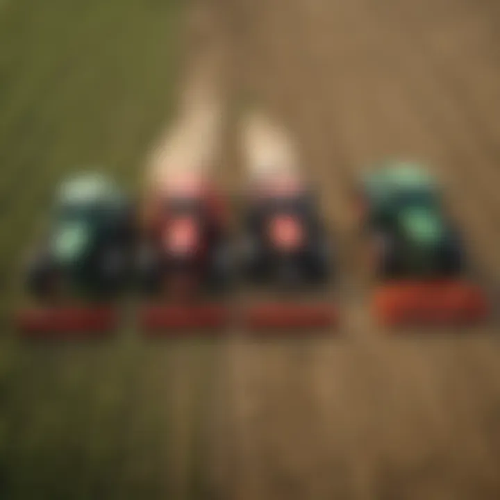 An aerial shot of tractors lined up in a field, illustrating organized agricultural practices