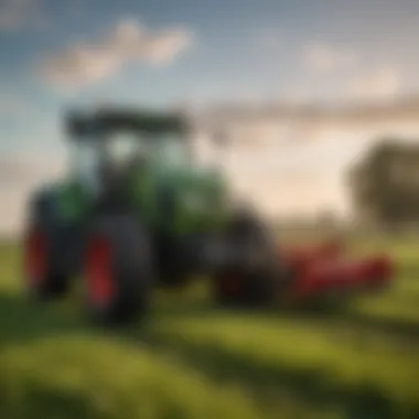 A modern tractor in action on a lush green field during golden hour