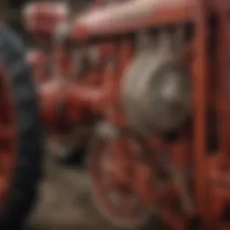 A close-up view of a vintage tractor showcasing its intricate design and mechanics