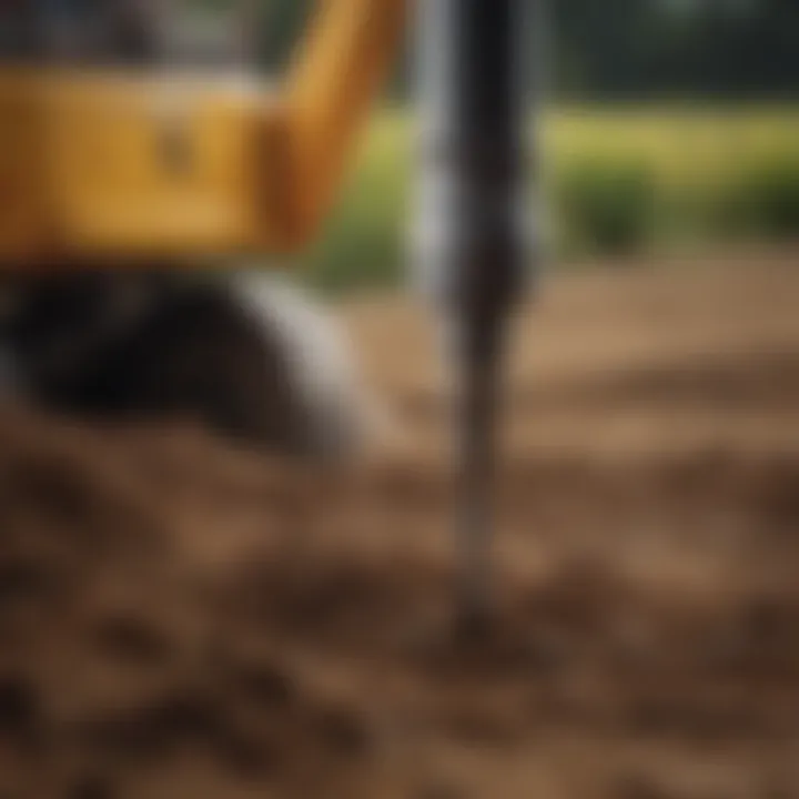 Close-up view of a post hole digger's drill bit, showcasing its engineering design.