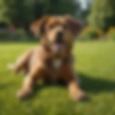 A dog playing on a well-maintained lawn