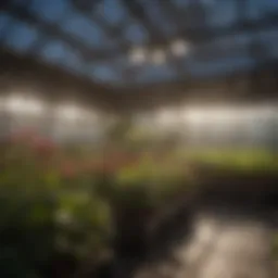 High-tech LED grow lights illuminating a greenhouse