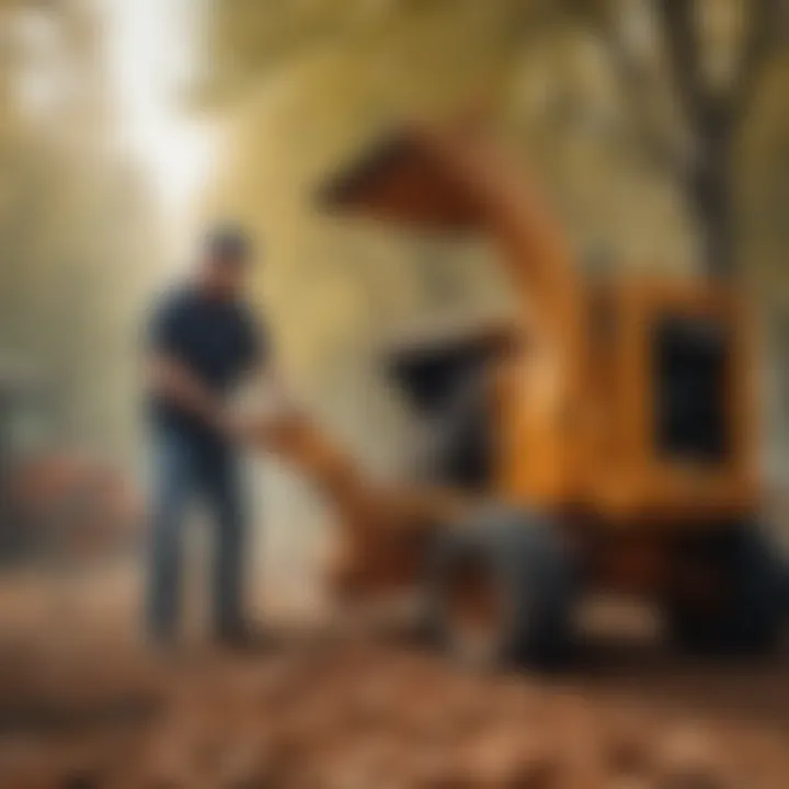 An agricultural professional demonstrating the operation of a PTO wood chipper in a field setting