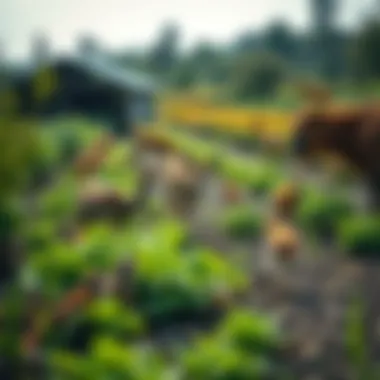 A vibrant ecosystem with various wildlife coexisting harmoniously on a farm