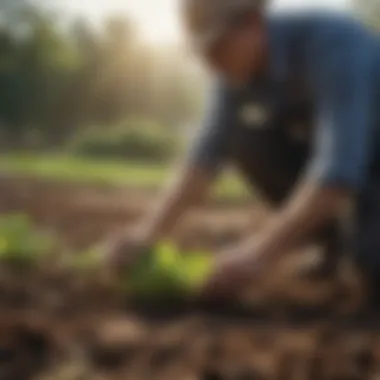 Illustration of a home gardener planting romaine lettuce seeds in rich soil