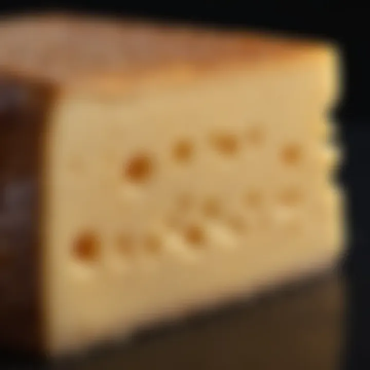 A close-up of aged cheese with a rich texture.