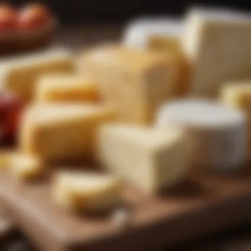 A selection of low-lactose cheeses on a wooden board.