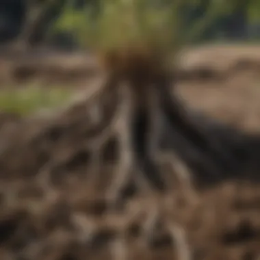 Close-up of sod roots establishing in soil