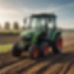 Sub compact tractor equipped with a post hole digger attachment in an agricultural field.