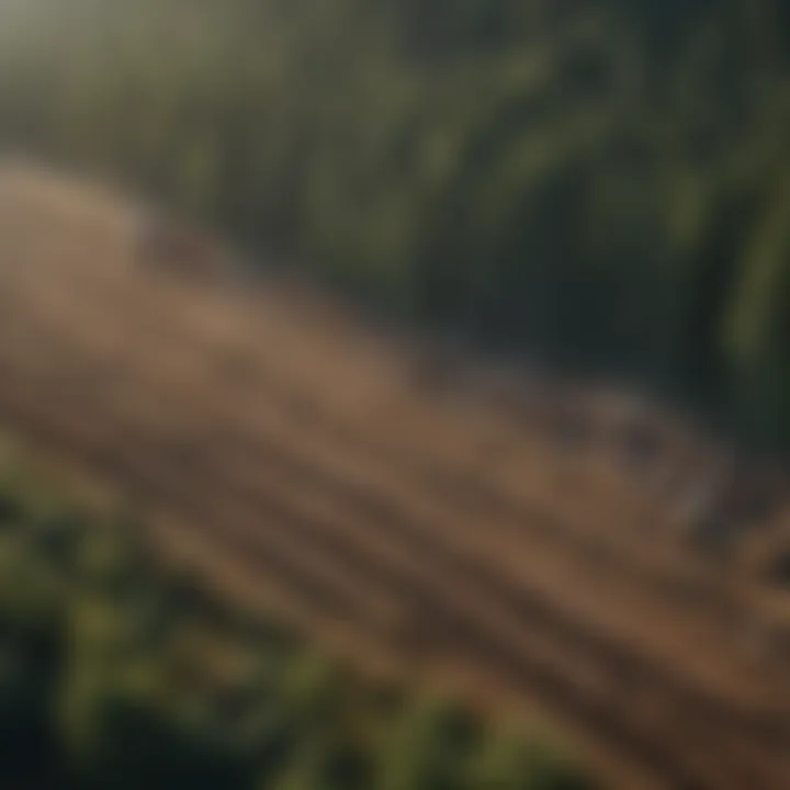 An aerial view of a sustainable forestry operation with sawnwood stacks