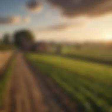 A serene landscape of a farm with crops and livestock, symbolizing agricultural prosperity.