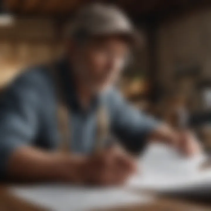 A close-up of a farmer assessing financial documents and tax forms related to their LLC.