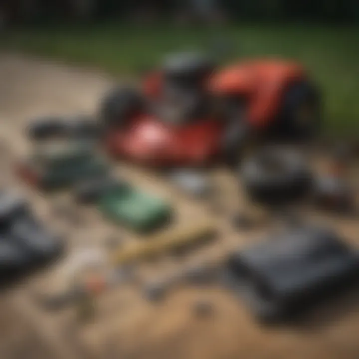 Maintenance tools for lawn mower baggers laid out on a wooden surface