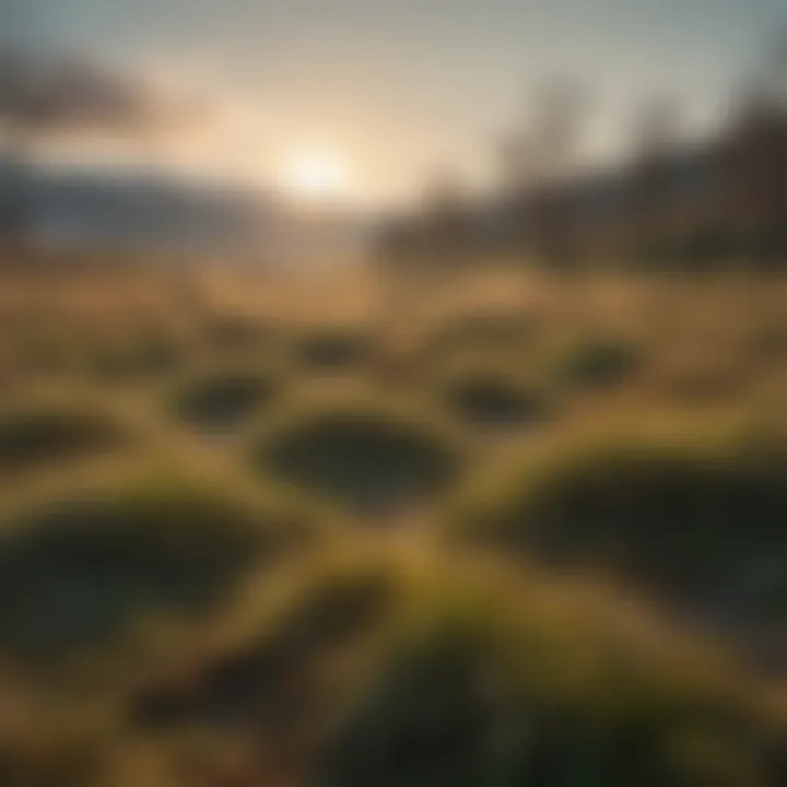 A winter landscape showcasing patches of brown grass in contrast to green areas
