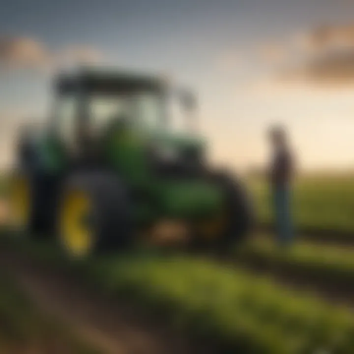 A farmer inspecting crops after using a John Deere tractor