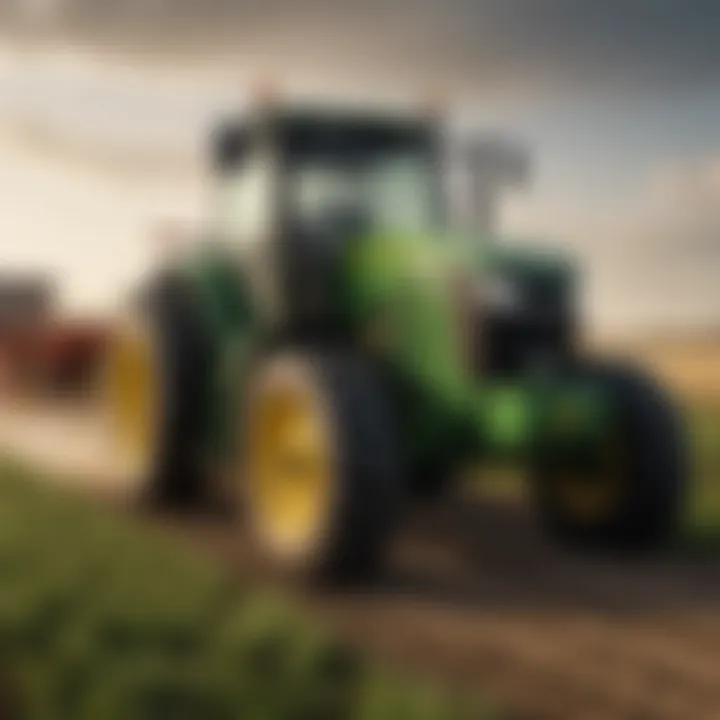 Modern John Deere two-wheel drive tractor working in a farm