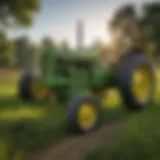 A vintage John Deere two-wheel drive tractor in a lush green field