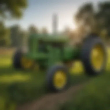 A vintage John Deere two-wheel drive tractor in a lush green field