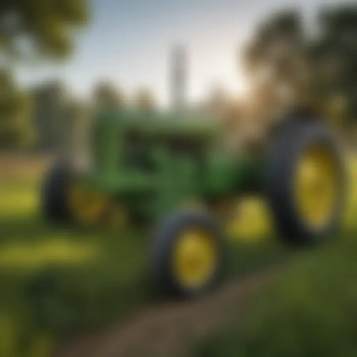 A vintage John Deere two-wheel drive tractor in a lush green field