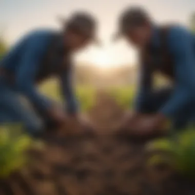 Collaborative Farming Practices Farmers examining plant health and soil conditions together
