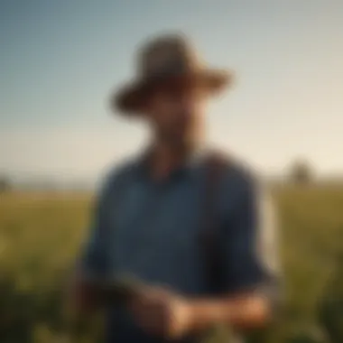 A farmer inspecting crops in a vibrant field