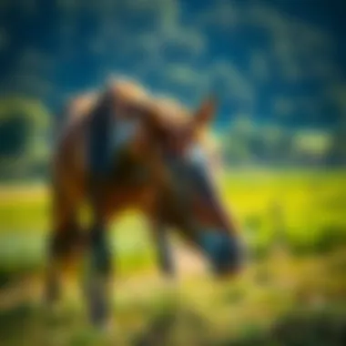 A healthy horse grazing on pasture with a backdrop of lush greenery