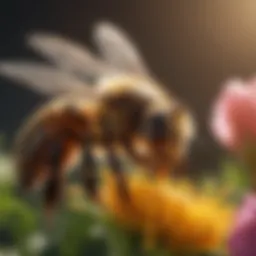 A close-up of a honey bee pollinating a vibrant flower