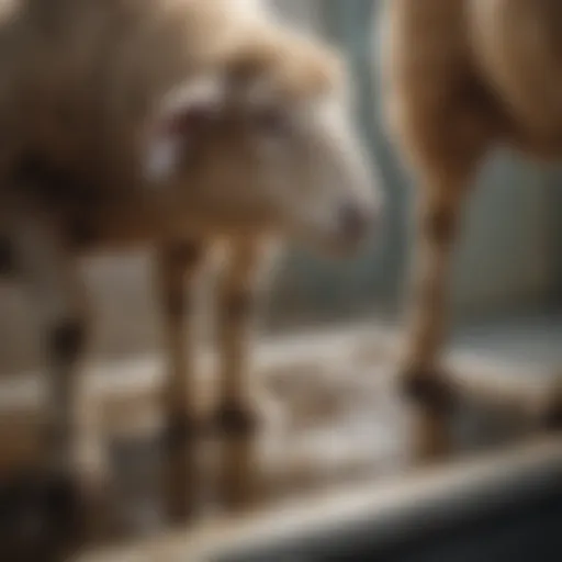 A healthy sheep standing on a clean foot bath