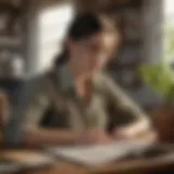 A translator working diligently at a desk surrounded by agricultural texts