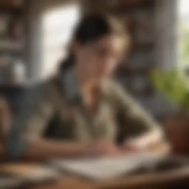 Focused Translator in Agricultural Research A translator working diligently at a desk surrounded by agricultural texts